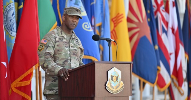 Col. Freddy Adams makes remarks at MICC Change of Command