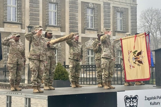 The Virginia National Guard’s Virginia Beach-based 529th Combat Sustainment Support Battalion conducts a transfer of authority ceremony with the Georgia National Guard’s 110th Combat Sustainment Support Battalion Nov. 6, 2024, in Zagan Palace in Zagan, Poland.