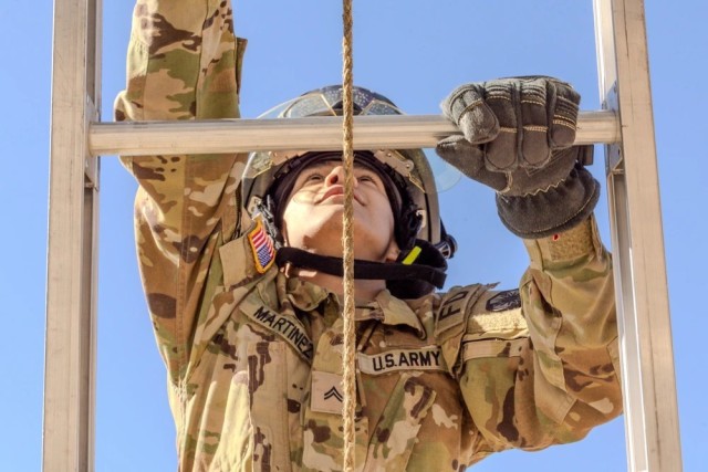 U.S. Army Cpl. Jalen Martinez, an Army Firefighter serving with the 664th modular ammunition company, 61st Quartermaster Battalion, 13th Armored Corps Sustainment Command, III Armored Corps, demonstrates various firefighting techniques, Nov. 20,...