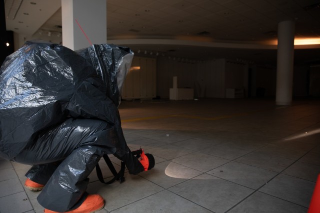 A member of the Massachusetts National Guard 1st Weapons of Mass Destruction Civil Support Team looks for signs of contamination during an evaluation training event at the Emerald Square Mall Nov. 7, 2024. The CST was tested over two days in North...