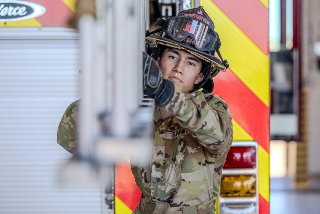 U.S. Army Cpl. Jalen Martinez, an Army Firefighter serving with the 664th modular ammunition company, 61st Quartermaster Battalion, 13th Armored Corps Sustainment Command, III Armored Corps, demonstrates various firefighting techniques, Nov. 20,...