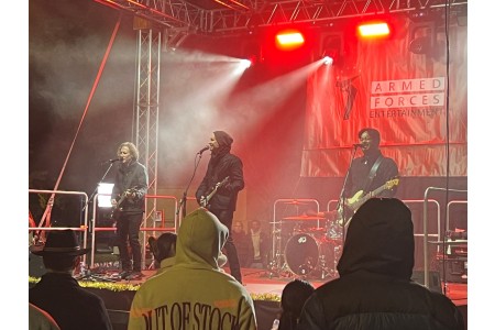 Vertical Horizon perform for the Vicenza Military Community during the annual tree lighting ceremony on Caserma Ederle, Dec. 5, 2024 during an Armed Forces Entertainment Tour. 