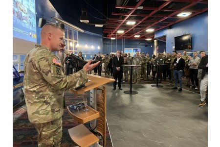 Col. Scott Horrigan gives remarks to Italian community leaders and senior military members during the semiannual Mayor's Summit at The Arena before the Vicenza Military Community tree lighting event Dec. 5, 2024.