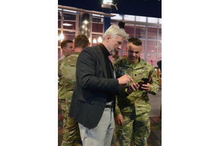 Mayor Giuliano Stivan of Dueville, who played ragtime piano to greet Lt. Col. Sheldon Broedel, commander of the 2nd Battalion, 503rd Infantry Regiment during his recent visit to the town hall.