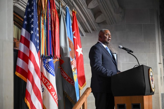 Secretary of Defense Lloyd J. Austin III delivers a speech in the cafeteria at the U.S. Military Academy at West Point, NY, Dec. 4, 2024.