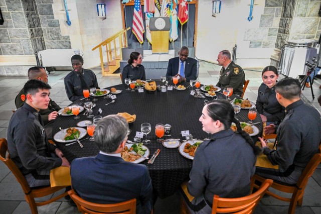 Secretary of Defense Lloyd J. Austin III meets with cadets in the cafeteria at the U.S. Military Academy at West Point, NY, Dec. 4, 2024.