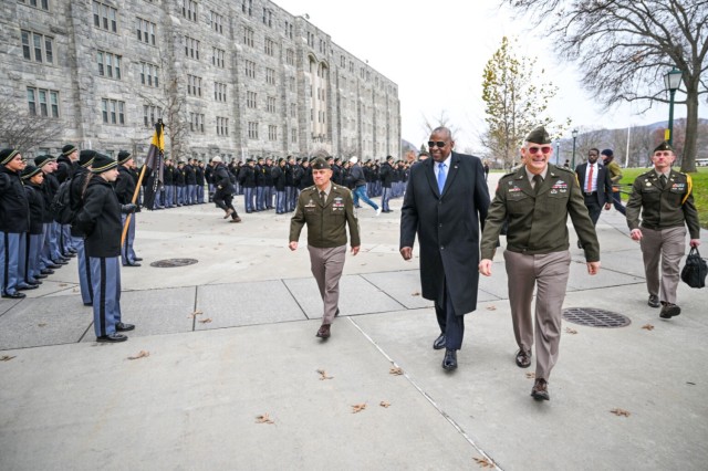 Secretary of Defense Lloyd J. Austin III observes a cadet formation on the steps of Washington Hall during a visit to the U.S. Military Academy at West Point, NY, Dec. 4, 2024.