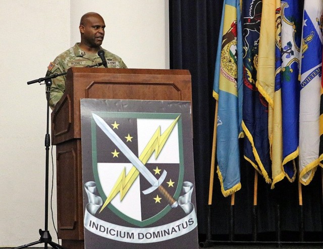 Col. Willie Rodney, commander of 1st Information Operations Command (Land), speaks to attendees at the ceremony inactivating the command’s 2nd Battalion (Red Team), at Fort Belvoir, Va., Dec. 9, 2024. The battalion will formally inactivate on...