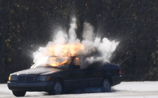 A car is blown up as part of the Basic Post Blast Investigative Techniques class, taught by the Bureau of Alcohol, Tobacco, Firearms and Explosives on the campus of the National Center for Explosives Training and Research at Redstone Arsenal, on...