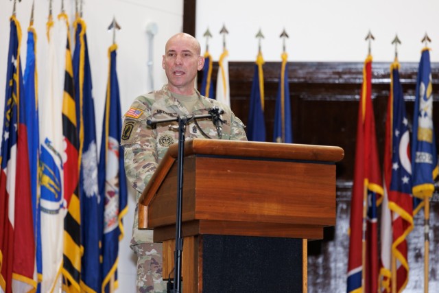 Command Sgt. Maj. Rick Meeker speaks during a change of responsibility ceremony at Camp Zama, Japan, Dec. 12, 2024. Meeker assumed responsibility of U.S. Army Garrison Japan&#39;s senior enlisted leader role from Command Sgt. Maj. David A. Rio, who plans to take a position at Fort Gregg-Adams, Virginia.
