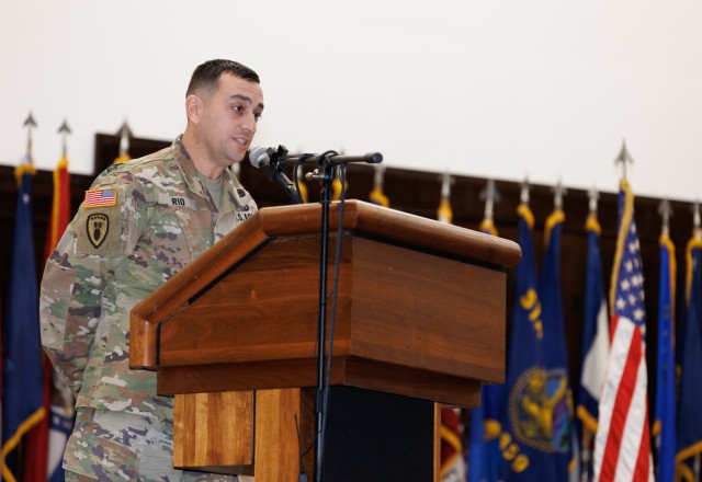 Command Sgt. Maj. David A. Rio speaks during a change of responsibility ceremony at Camp Zama, Japan, Dec. 12, 2024. Command Sgt. Maj. Rick Meeker assumed responsibility of U.S. Army Garrison Japan&#39;s senior enlisted leader role from Rio, who plans to take a position at Fort Gregg-Adams, Virginia.
