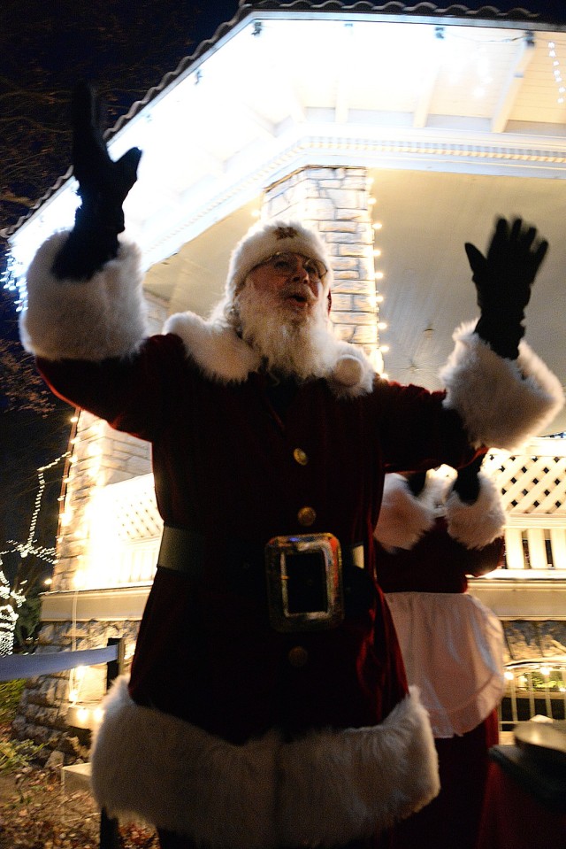 Santa Claus celebrates the lighting of Zais Park for the holiday season after helping flip the switch Dec. 6, 2024, at Fort Leavenworth, Kansas. Photo by Prudence Siebert/Fort Leavenworth Lamp