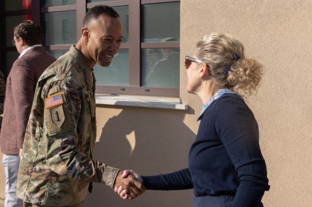 U.S. Army Maj. Gen. Andrew C. Gainey, commanding general, U.S. Army Southern European Task Force, Africa (SETAF-AF), greets Kate Knudson, director and chief of protocol, House Office of Interparliamentary Affairs, during a staff delegation visit...