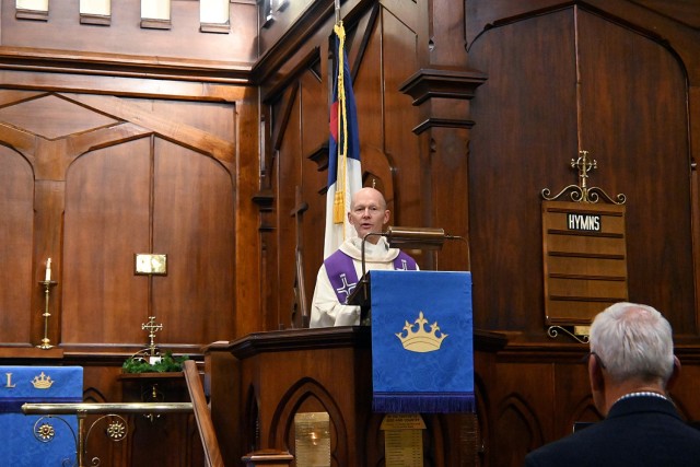 German Military Chaplain (Militärpfarrer) Gundolf Brosig, stationed at the German Catholic Military Chaplaincy at Sheppard Air Force Base, Texas, delivers a bilingual German-English Catholic service Dec. 7, 2024, at Memorial Chapel at Fort...