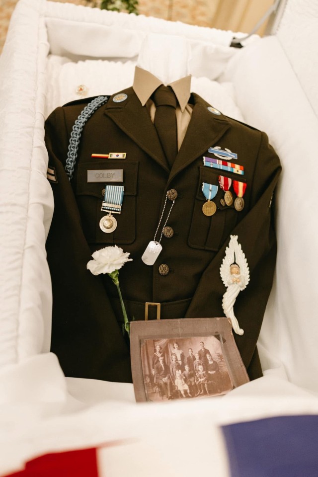 The casket honoring Cpl. William Colby, a 7th Infantry Division Soldier killed in combat in the Korean War, was displayed during a reinterment ceremony held at Fort Snelling National Cemetery on December 3rd, 2024.