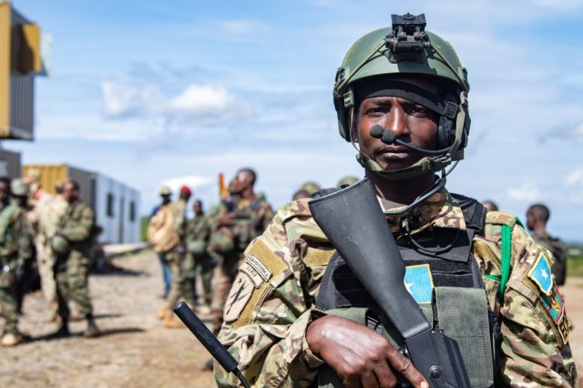 A Somali Danab Soldier poses for a photo before multinational partners conduct urban operations training at the Counter Insurgency Terrorism & Stability Operations Training Centre during exercise Justified Accord, led by U.S Army Southern European...