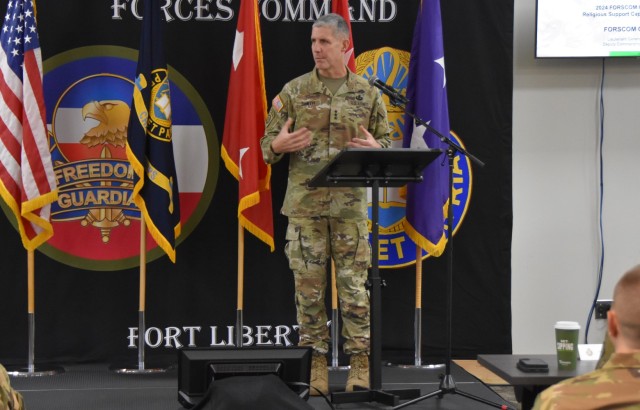 Lt. Gen. Stephen G. Smith, FORSCOM Deputy Commanding General, speaks with U.S. Army chaplains Dec. 10, 2024, at Fort Liberty, N.C., during the U.S. Army Forces Command Chaplain’s FORTRESS Religious Support Training Forum, a three-day event...