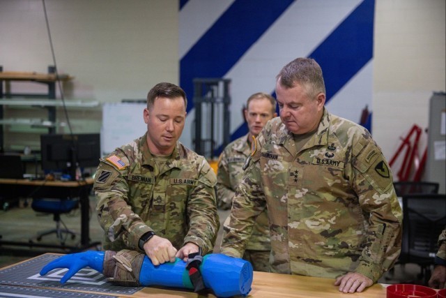 Army Materiel Command Deputy Commanding General and Acting Commander Lt. Gen. Chris Mohan (right), visits Fort Stewart&#39;s Marne Innovation Center, Oct. 31, 2024, for insight into what Soldiers are doing to solve problems with today&#39;s...