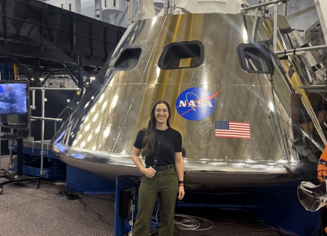 Capt. Megan Mabey, commander of D Company, 116th Brigade Engineer Battalion, poses for a photo at NASA's Lyndon B. Johnson Space Center in Houston, Texas, in late 2024. In addition to her duties as a member of the Idaho National Guard,...