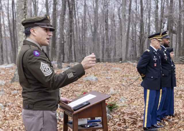 PICATINNY ARSENAL N.J. - Command Sgt. Maj. David M. Franks speaks as U.S. Army Garrison Picatinny Arsenal officials honored three Revolutionary War veterans during a Wreaths Across America event at the installation's Walton Burial Grounds on...