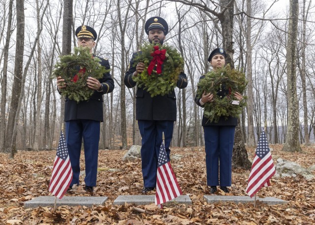 PICATINNY ARSENAL, N.J. - Picatinny Arsenal Garrison Chaplain, Lt. Col. Joseph W. Lawhorn, along with Picatinny Arsenal Religious Affairs Specialists, Sgt. First Class Randy Mckire Jr. and Sgt. Tisha Rivera, laid the wreath at the graves marked...