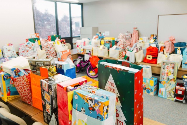 Gifts are organized by unit before distribution for the 2024 Fort Novosel Angel Tree project Dec. 19.