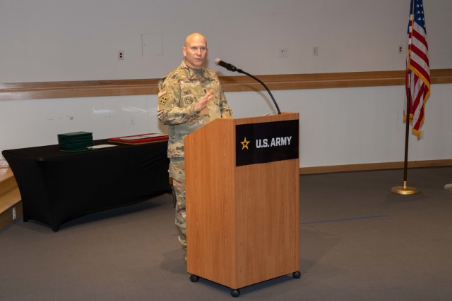 Command Sgt. Maj. Michael Conaty, of the U.S. Army Communications-Electronics Command serves a guest speaker.