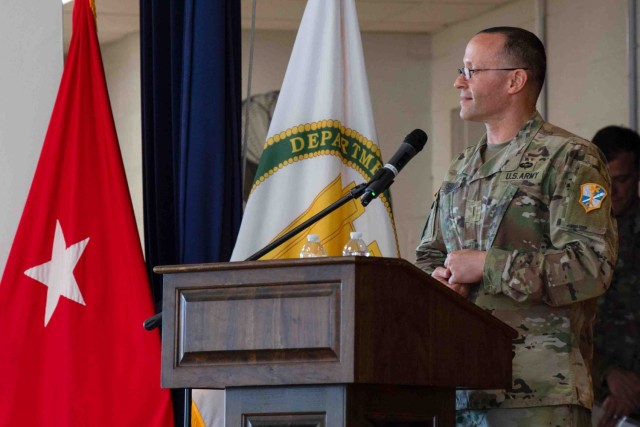 Chief Warrant Officer 5 Aaron Skiles, the outgoing command chief warrant officer of Army Counterintelligence Command, delivers remarks at the command chief warrant officer change of responsibility ceremony at Fort Meade, Maryland, November 20, 2024.