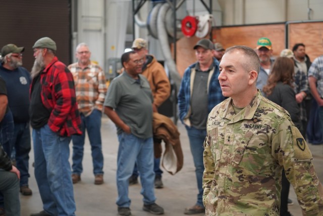 Maj. Gen. Michael Lalor, TACOM commanding general, visits the TACOM FMX site at Fort Leonard Wood, Mo., to recognize and celebrate team members who won two major Army-wide awards.