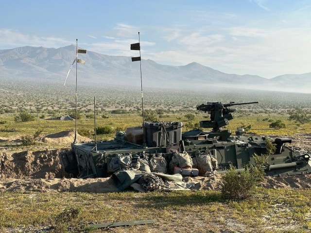A Stryker from the 4th Battalion, 9th Infantry Regiment sits in a defensive position during NTC Rotation 23-10. (Photo courtesy of 4-9 IN)