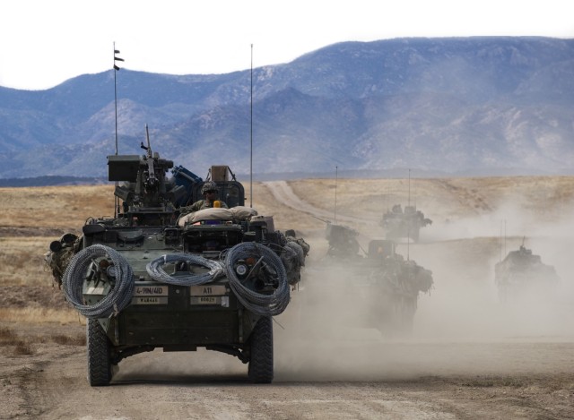 Stryker crews from the 4th Battalion, 9th Infantry Regiment, 1st Stryker Brigade Combat Team, 4th Infantry Division, conduct a field training exercise in March 2023.