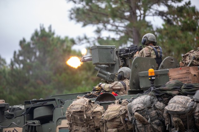 Soldiers from the 1st Stryker Brigade Combat Team, 4th Infantry Division conduct operations during Joint Readiness Training Center Rotation 25-02 at Fort Johnson, LA.