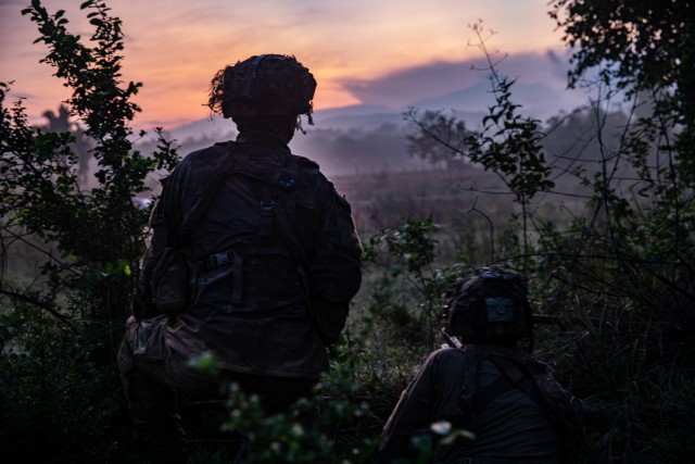 U.S. Army Soldiers assigned to C Company, 2nd Battalion, 27th Infantry Regiment, 3rd Infantry Brigade Combat Team, 25th Infantry Division, search for opposing forces during a simulated assault as part of the Joint Pacific Multinational Readiness...
