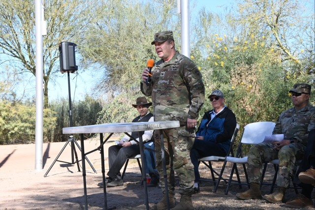 U.S. Army Yuma Proving Ground (YPG) Commander Col. John Nelson speaks at a ceremony commemorating the U.S. Army of the West Mormon Battalion’s 1847 crossing of the Colorado River on January 11, 2025.