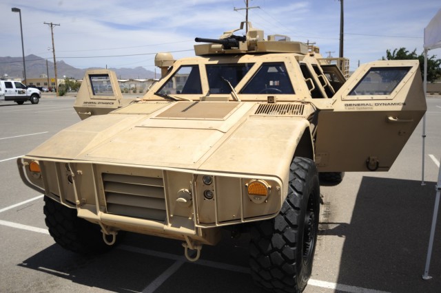 General Dynamics Land Systems&#39; Advanced Ground Mobility Vehicle sits on display June 8 at the Renewable Energy Rodeo and Symposium held in and around the Centennial Banquet and Conference Center at Fort Bliss, Texas, taking place through June...