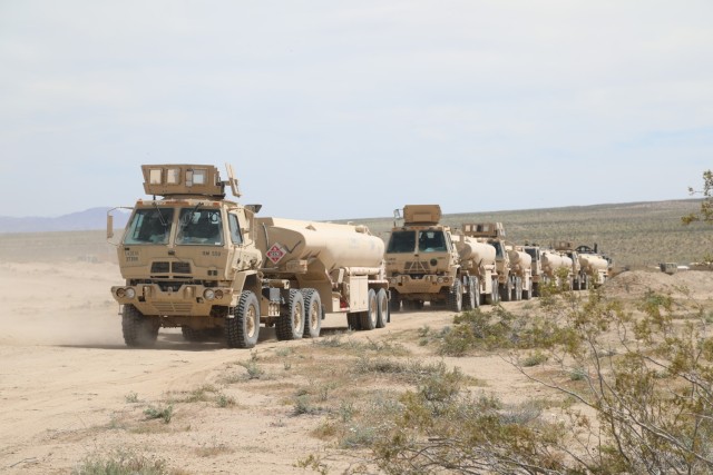 U.S. Army soldiers assigned to 2nd Armored Brigade Combat Team, 1st Cavalry Division, 373 CSSB, conduct refueling operations in M977A4 HEMTT 10 ton cargo trucks  during Decisive Action Rotation 19-06 at the National Training Center, Fort Irwin,...