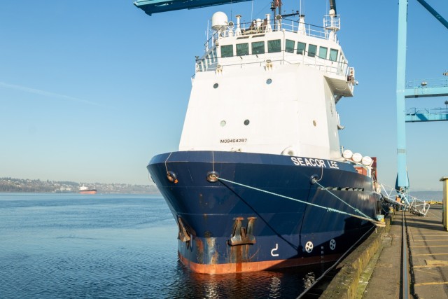 The Seacor Lee, an off-shore support vessel, is docked and ready to receive crates of equipment owned by the 593rd Expeditionary Sustainment Command, 1st Multi-Domain Task Force, and 62nd Medical Brigade in support of Operation Pathways 2024 at...
