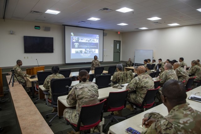 Command Sgt. Maj. Tonya Sims, the 10th Quartermaster Command Sergeant Major, United States Quartermaster School, Fort Gregg-Adams, Va., speaks to a group of 10th Mountain Division Soldiers at Fort Drum, New York, July 10, 2024.