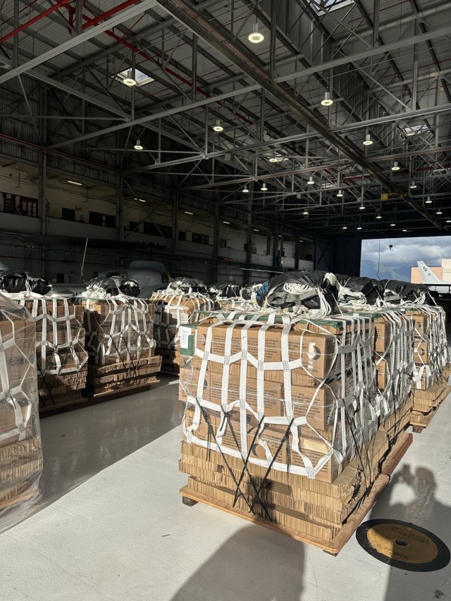 Low-Cost High Velocity Container Delivery Systems rigged with Class I await inspection during the Joint Pacific Multinational Readiness Center rotation 25-01 at Marine Corps Base Hawaii, Oct. 8, 2024.