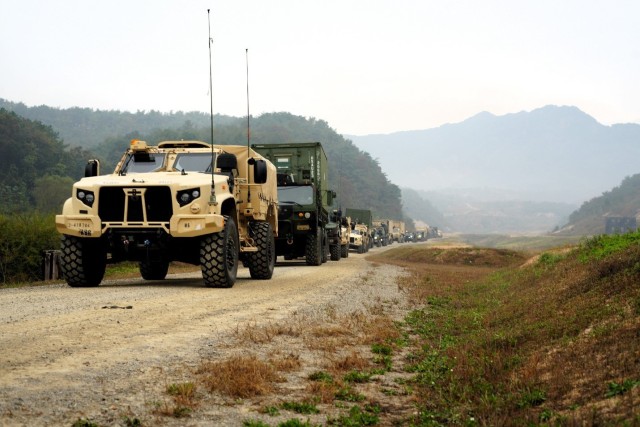 Displacing base cluster hammer on Rodriguez Life Fire Complex after receiving notional indirect fire from OPFOR provided by 3-61 CAV. Taken at the Rodriguez Life Fire Complex, Pocheon, South Korea, in October 2023.