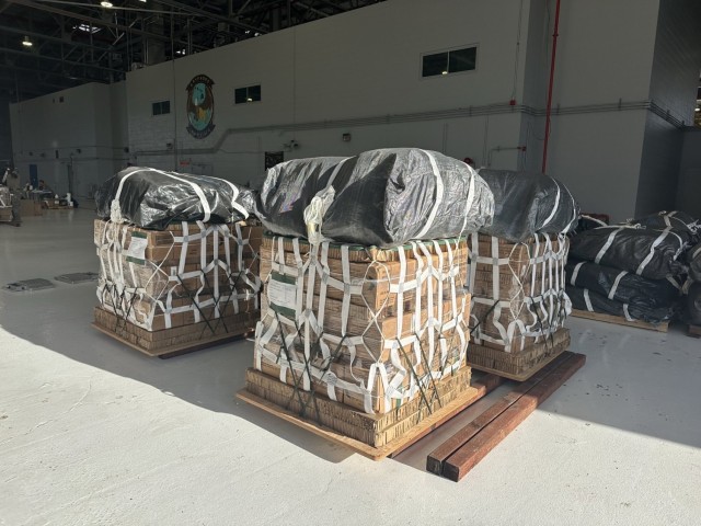 Low-Cost Low Velocity Container Delivery Systems rigged with Class I await airdrop during the Joint Pacific Multinational Readiness Center rotation 25-01 at Marine Corps Base Hawaii, Oct. 8, 2024.