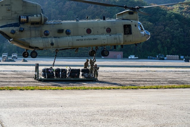 I FSC receiving CLIX repair parts flown from the 704BSB’s SSA on Camp Humphreys to Rodriguez Life Fire Complex, Pocheon, South Korea, in October 2023.