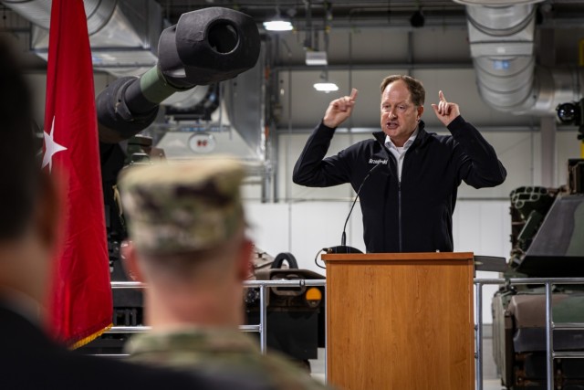 Mark F. Brzezinski, Ambassador of the United States to Poland, speaks during a colors uncasing ceremony at the Army Prepositioned Stocks work site on September 18, in Powidz, Poland. The Army Field Support Battalion-Poland oversees the long-term...