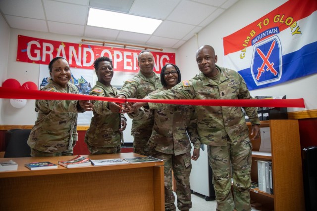 The 10th Mountain Division Sustainment Brigade held a ribbon cutting ceremony for the 10th Mountain Division Support Operations Learning Center at Fort Drum, New York, July 10, 2024. (from left to right) Sgt Maj. Yadriana Kavitz, Col. Katresha...