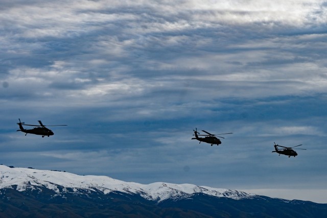 The Idaho National Guard deployed 10 UH-60 Black Hawk helicopters and more than 80 Soldiers to Fort Belvoir, Virginia, Jan. 10-11, 2025, on a year-long deployment in support of the Joint Emergency Evacuation Plan mission. Soldiers from the Idaho National Guard’s Company B, 1-183rd Assault Helicopter Battalion bid farewell to family and friends during a departure ceremony at Gowen Field Jan. 9.