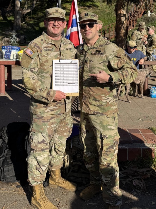Event organizers Capt. Christopher Young and Staff Sgt. Nathan Lankford proudly show that all 28 participants who registered for the 18.6 mile march, carrying 25+ pounds on their backs, completed the second Norwegian Foot March Jan. 11, 2025.