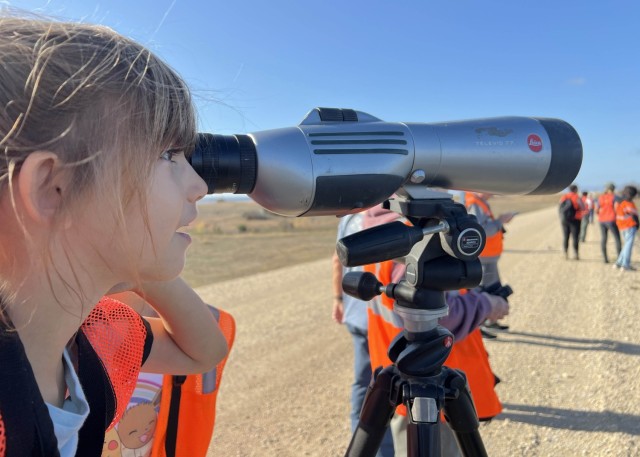 A little girl looks through a scope on a tripod with her left eye. 