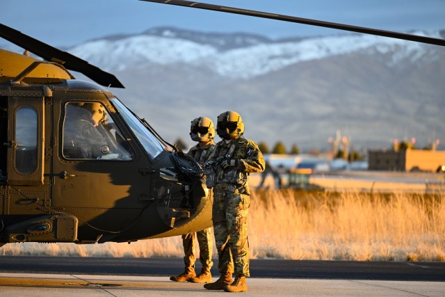 The Idaho National Guard deployed 10 UH-60 Black Hawk helicopters and more than 80 Soldiers to Fort Belvoir, Virginia, Jan. 10-11, 2025, on a year-long deployment in support of the Joint Emergency Evacuation Plan mission. Soldiers from the Idaho National Guard’s Company B, 1-183rd Assault Helicopter Battalion bid farewell to family and friends during a departure ceremony at Gowen Field Jan. 9.