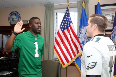 PICATINNY ARSENAL, N.J. - Staff Sgt. Michael C. Graves (left) reenlists in the U.S. Army on Jan. 14, 2025.  Maj. Jacob LaGue, Joint Program Executive Officer (JPEO) Armaments and Ammunition Executive Officer (right) administers the oath of...