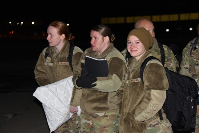 Senior Airmen Emma Oehler, 185th Air Refueling Wing medical technician, waits to depart the Sioux City, Iowa, airport with Airmen from the Iowa Air National Guard’s 185th Air Refueling Wing Medical Group Jan. 15, 2025. Iowa Air Guard medical technicians are flying to Washington to provide medical support for National Guard members in the capital region as part of the 60th Presidential Inauguration. U.S. Air National Guard photo Senior Master Sgt. Vincent De Groot